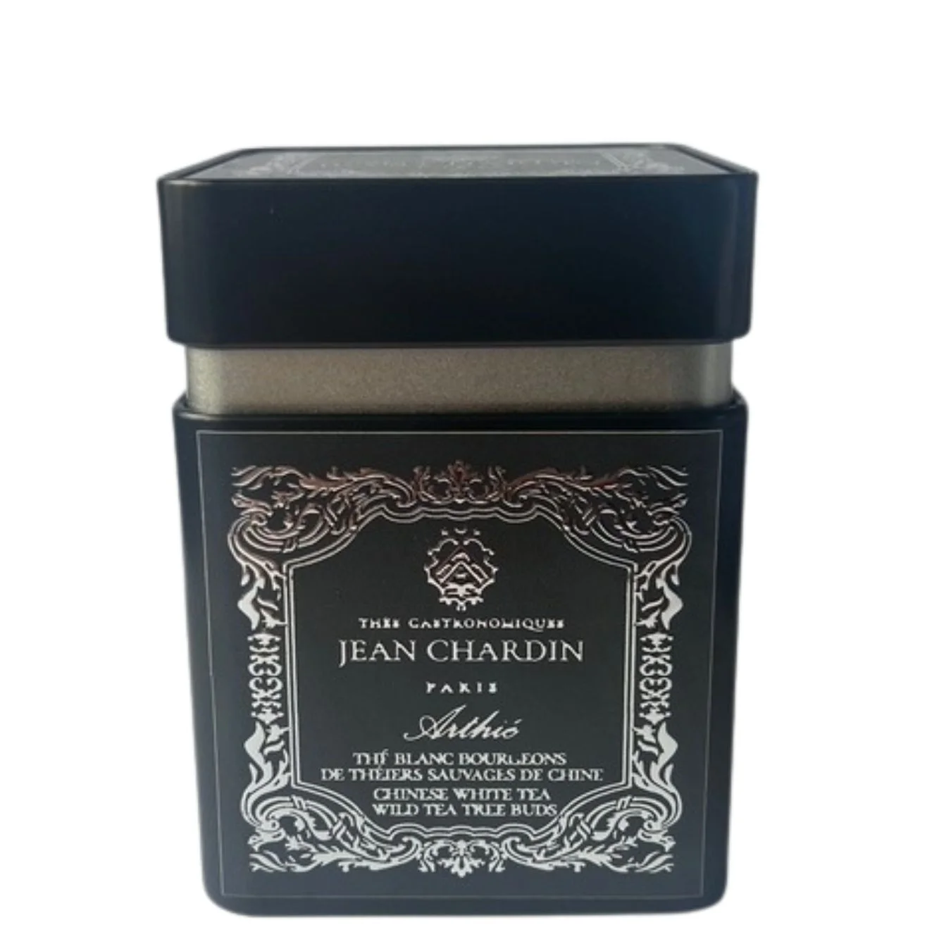 Thé blanc ARTHIE JEAN CHARDIN aux bourgeons de Chine présenté dans son écrin en métal noir de 70g