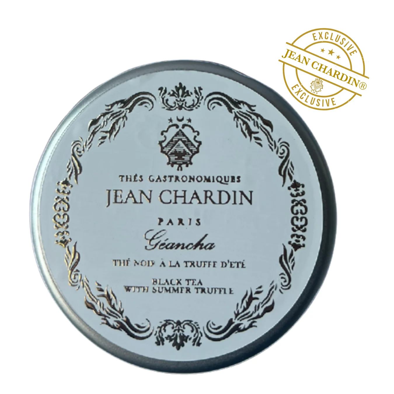 Thé noir GEANCHA JEAN CHARDIN à la truffe d'été présenté dans son écrin en métal argent de 30g