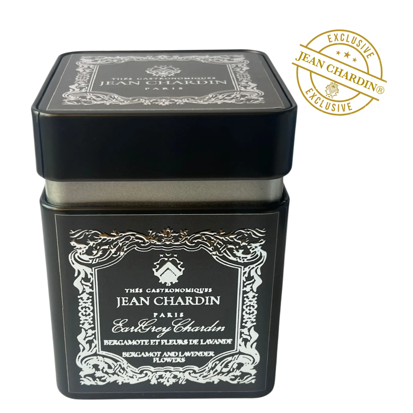 Thé EARL GREY JEAN CHARDIN parfumé à la lavande et à la bergamote présenté dans son écrin en métal brun de 100g