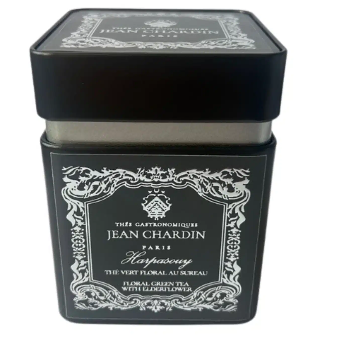 Thé Vert floral au Sureau JEAN CHARDIN aux bourgeons de Chine présenté dans son écrin en métal noir de 80g