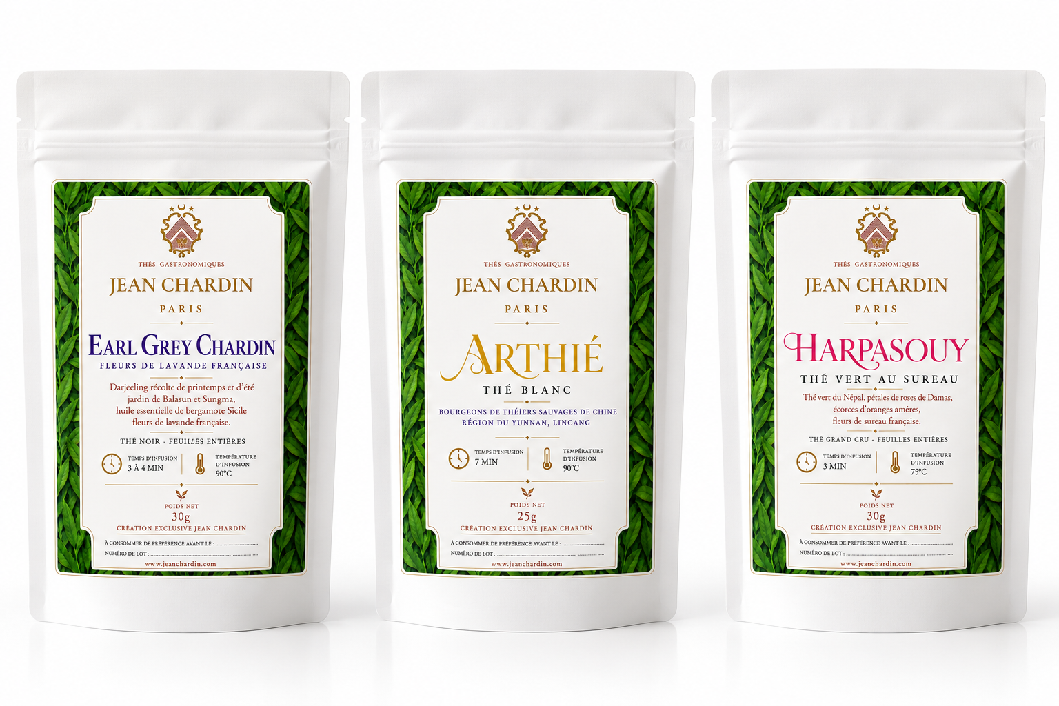 Trio Découverte JEAN CHARDIN : Earl Grey Chardin, Arthié et Harpasouy en doypacks blancs mats